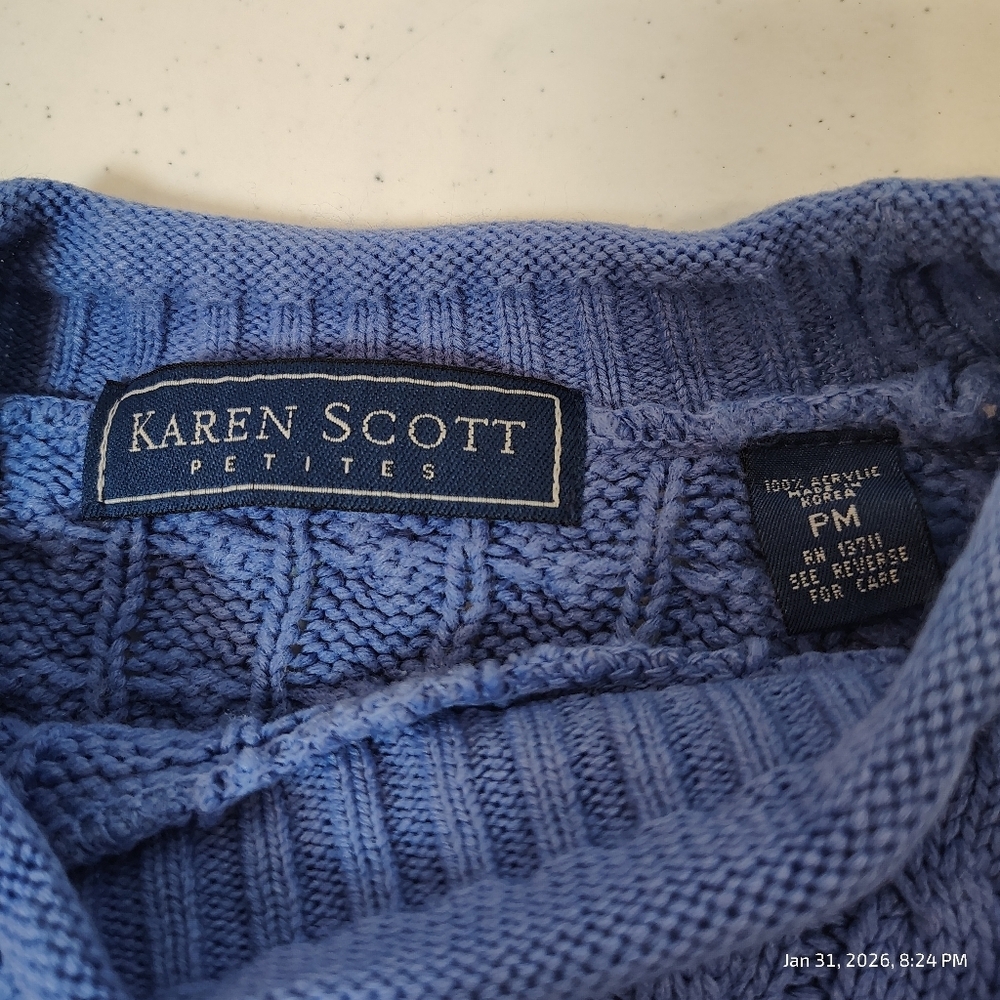 KAREN SCOTT PETITE MEDIUM CROPPED BLUE CABLE KNIT SWEATER‎ - Picture 3 of 8